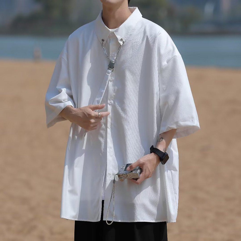 PannoFluxus เสื้อเชิ้ตแฟชั่นญี่ปุ่นแบบใหม่ของผู้ชายที่เรียบง่ายสีทึบด้านบนลำลองวรรณกรรม