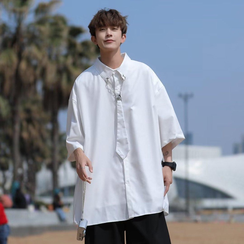 PannoFluxus เสื้อเชิ้ตแฟชั่นญี่ปุ่นแบบใหม่ของผู้ชายที่เรียบง่ายสีทึบด้านบนลำลองวรรณกรรม