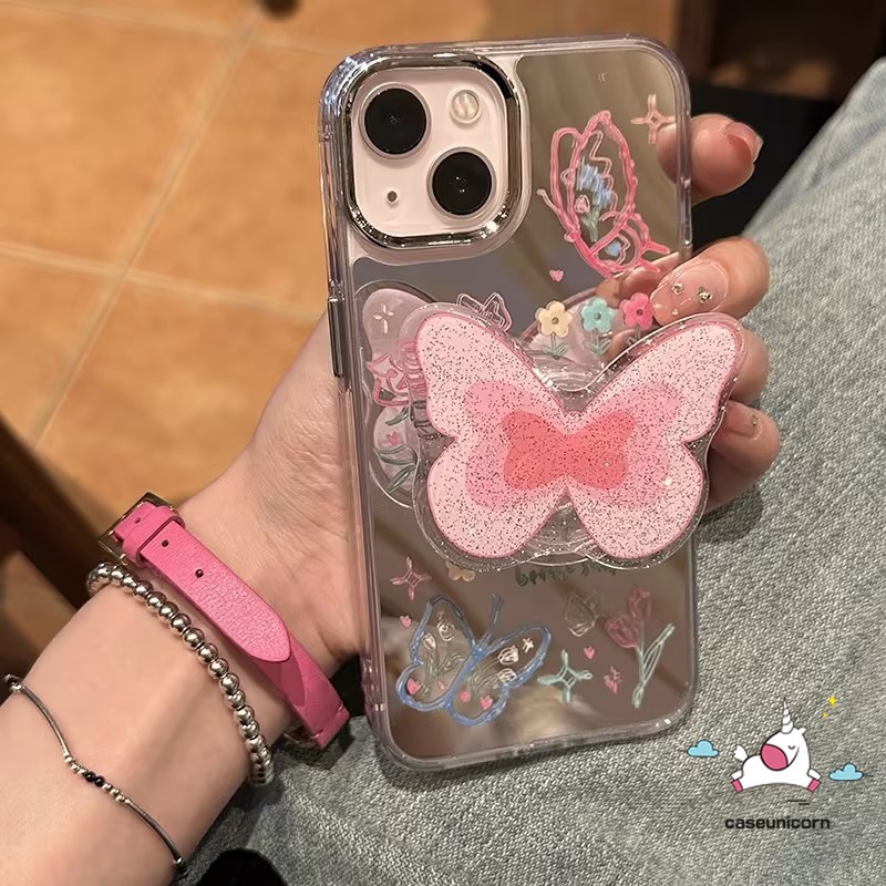เคสโทรศัพท์มือถืออะคริลิค ลายการ์ตูนผีเสื้อ พร้อมขาตั้ง หรูหรา สําหรับ IPhone 14 11 Pro Max 13 12 Pro Max 11Pro 14Pro Max