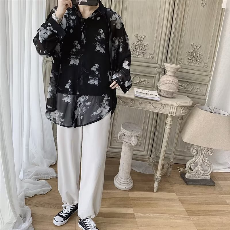 PannoFluxus ผู้ชาย ins Hong Kong เสื้อเชิ้ตลายดอกทรงหลวมอินเทรนด์เวอร์ชั่นเกาหลีหล่อส่วนบางเสื้อเชิ้ตแขนยาวพิมพ์ลาย