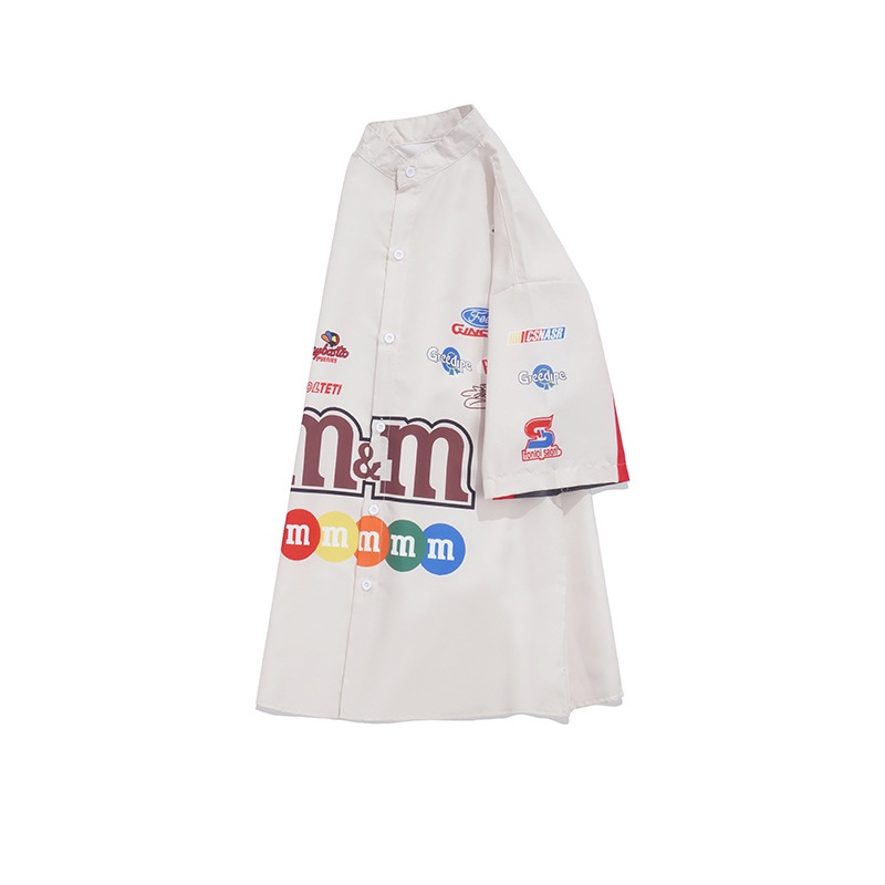 ASRV เสื้อผู้ชาย เสื้อจับคู่สีสไตล์อเมริกันเทรนด์ฤดูร้อนเสื้อยืดลำลองหลวมคู่พิมพ์ชุดแข่ง เสื้อเชิ้ตชมพู