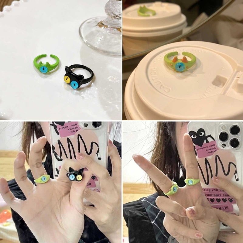 Arin แหวน แบบเปิด ลายการ์ตูนแมวตาโตน่ารัก สีดํา เขียว ขาว เครื่องประดับ สําหรับคู่รัก แฟนสาว
