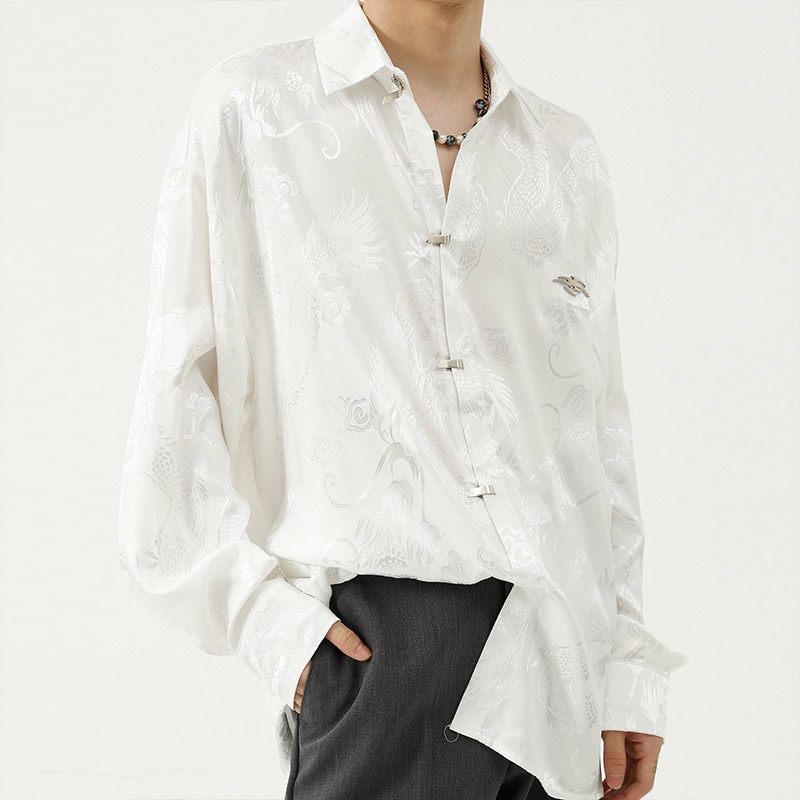 Suikone   เสื้อเชิ้ตผู้ชายแขนยาวแฟชั่นดีไซน์สีทึบสไตล์จีนหัวเข็มขัดโลหะหลวมเสื้อแจ็คเก็ตแขนยาวใส่ได้ทั้งผู้ชายและผู้หญิง