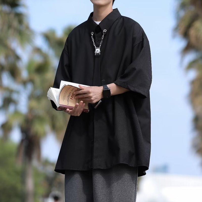 PannoFluxus เสื้อเชิ้ตแฟชั่นญี่ปุ่นแบบใหม่ของผู้ชายที่เรียบง่ายสีทึบด้านบนลำลองวรรณกรรม