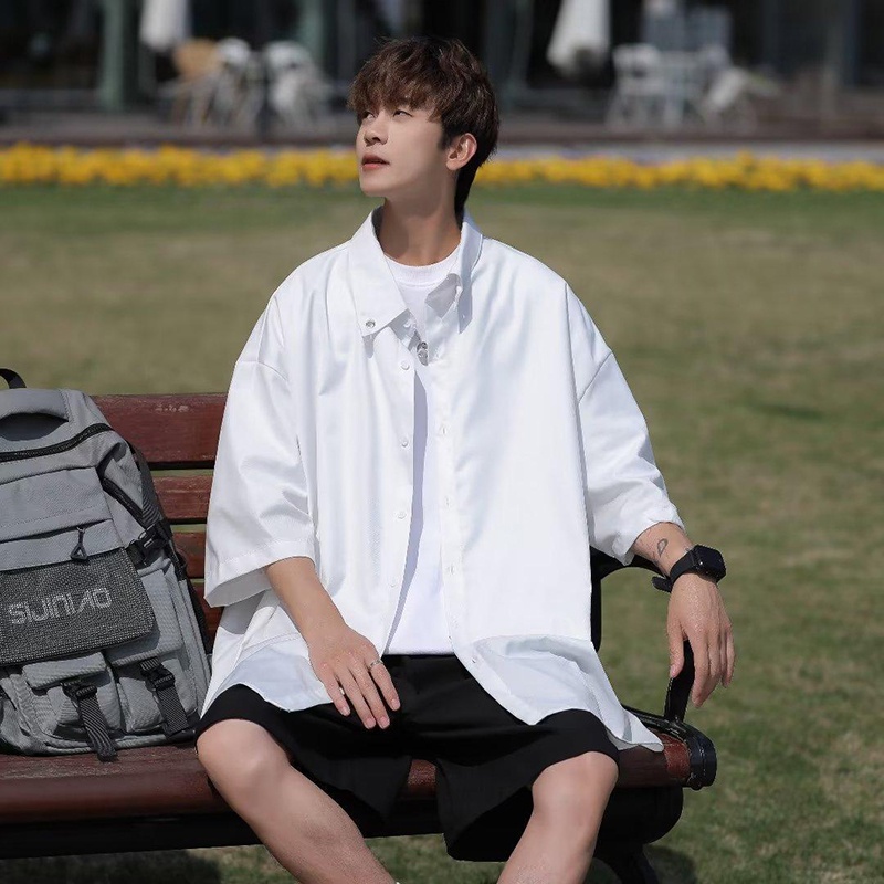 PannoFluxus เสื้อเชิ้ตแฟชั่นญี่ปุ่นแบบใหม่ของผู้ชายที่เรียบง่ายสีทึบด้านบนลำลองวรรณกรรม