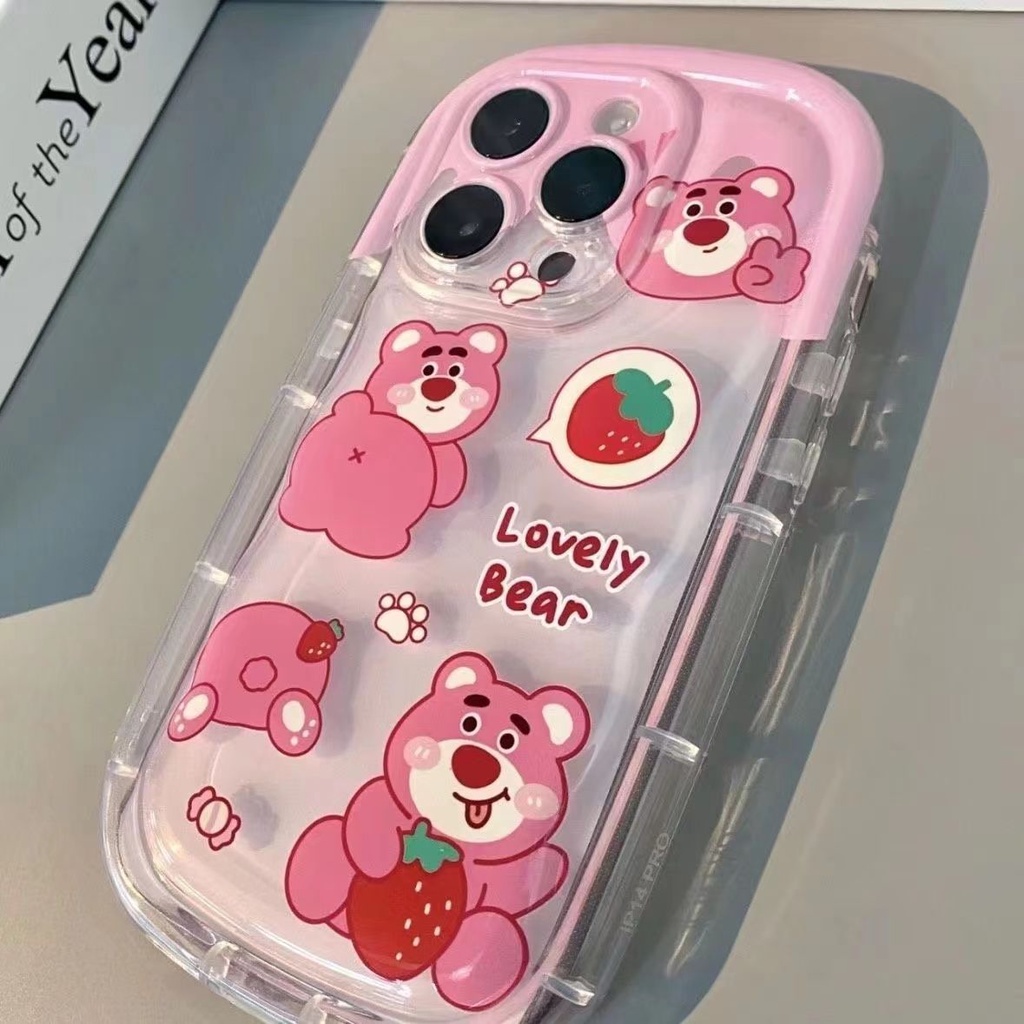 เคสโทรศัพท์มือถือ ซิลิโคนใส กันกระแทก ลายหมีสตรอเบอร์รี่ สีชมพู สําหรับ IPhone 15 12 13 14 11 Pro Max X Xs Max Xr 7 8 7 8 plus