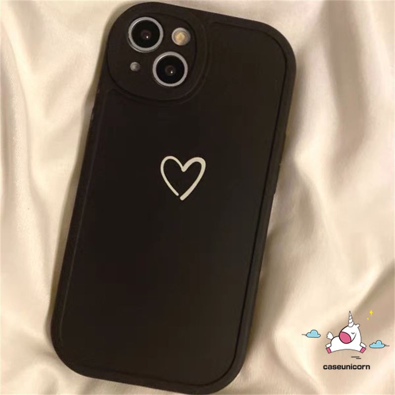 เคสโทรศัพท์มือถือแบบนิ่ม TPU กันกระแทก ลายหัวใจ สีดํา ขาว เรียบง่าย หรูหรา แฟชั่น สําหรับ iPhone 7Plus 12 XR X 13 11 14 Pro Max 7 6s 8 6 Plus XS Max SE 2020