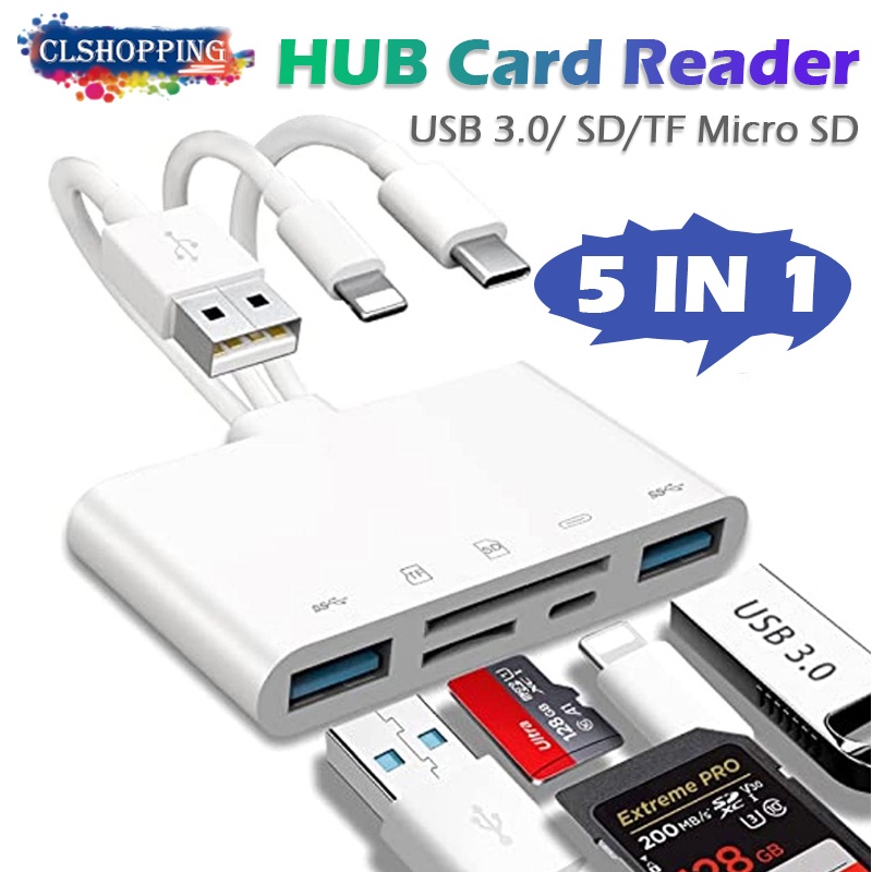 เครื่องอ่านการ์ดหน่วยความจํา 5in1 สําหรับ iPhone iPad air PC USB OTG และเครื่องอ่านการ์ด SD USB Type C และ USB A พร้อมช่องเสียบ Micro SD และการ์ด SD รองรับ SD Micro SD SDHC SDXC