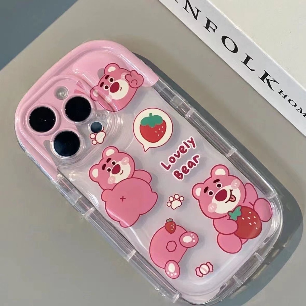 เคสโทรศัพท์มือถือ ซิลิโคนใส กันกระแทก ลายหมีสตรอเบอร์รี่ สีชมพู สําหรับ IPhone 15 12 13 14 11 Pro Max X Xs Max Xr 7 8 7 8 plus