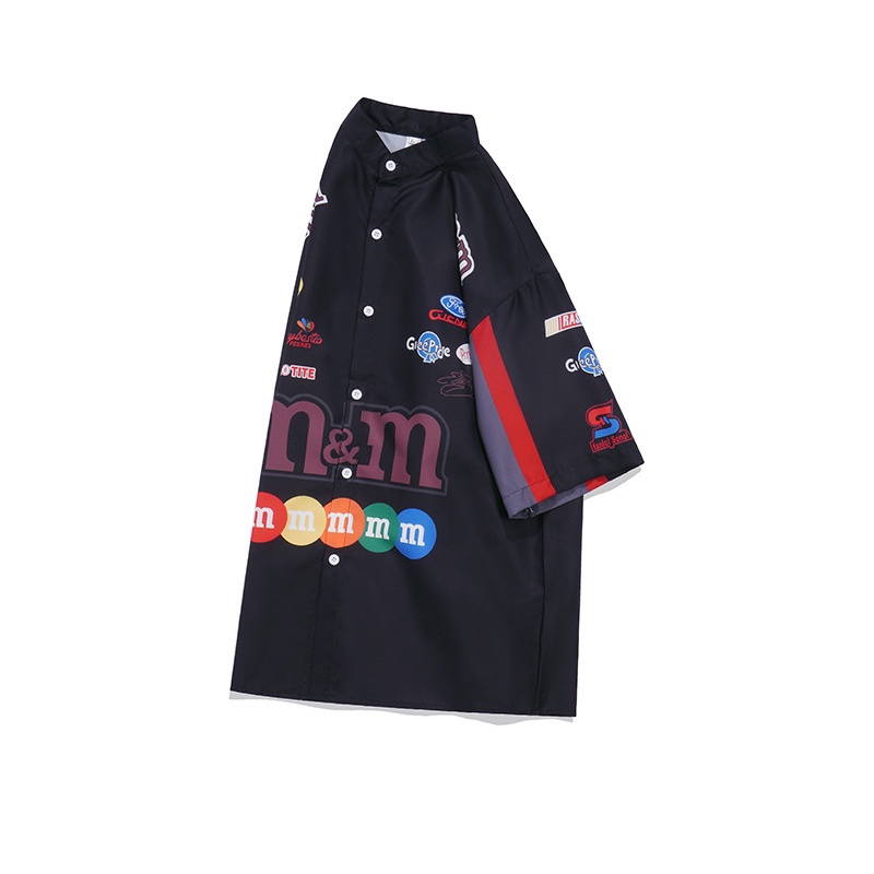 ASRV เสื้อผู้ชาย เสื้อจับคู่สีสไตล์อเมริกันเทรนด์ฤดูร้อนเสื้อยืดลำลองหลวมคู่พิมพ์ชุดแข่ง เสื้อเชิ้ตชมพู