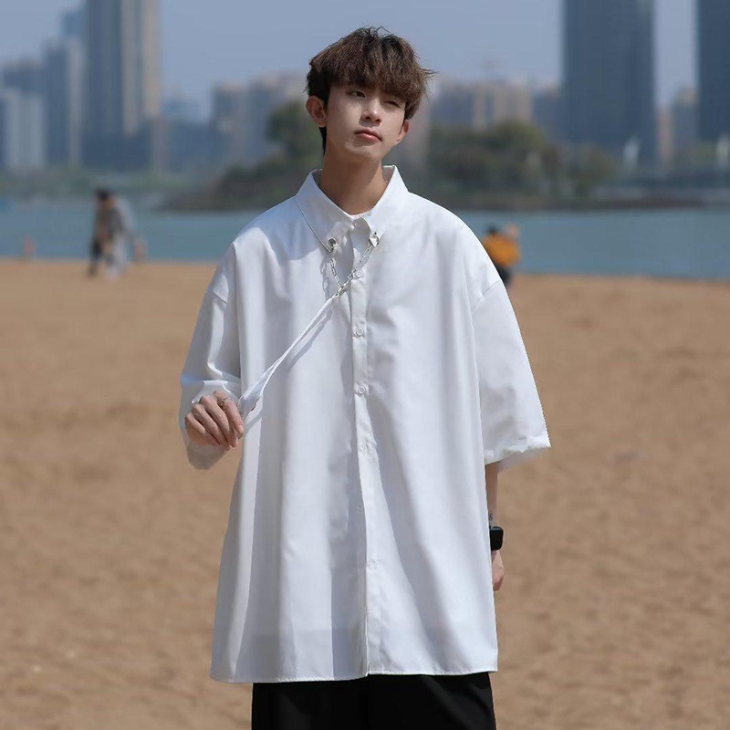 PannoFluxus เสื้อเชิ้ตแฟชั่นญี่ปุ่นแบบใหม่ของผู้ชายที่เรียบง่ายสีทึบด้านบนลำลองวรรณกรรม