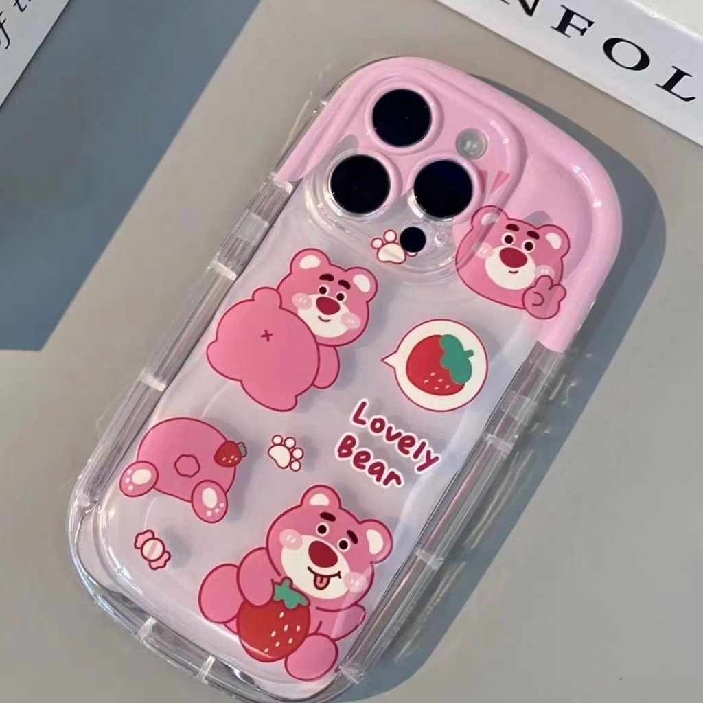เคสโทรศัพท์มือถือ ซิลิโคนใส กันกระแทก ลายหมีสตรอเบอร์รี่ สีชมพู สําหรับ IPhone 15 12 13 14 11 Pro Max X Xs Max Xr 7 8 7 8 plus