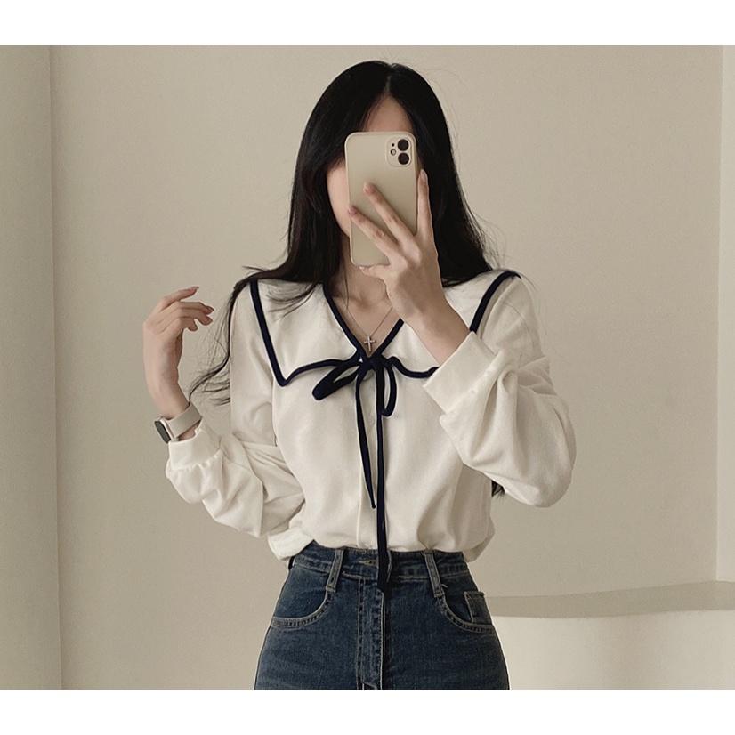 พร้อมส่งจากไทย เสื้อเชิ้ตคอตุ๊กตาสีเบจผูกโปว์แขนยาว ใหม่ เสื้อผ้าแฟชั่นเกาหลีผู้หญิง เก๋ ระดับไฮเอนด์