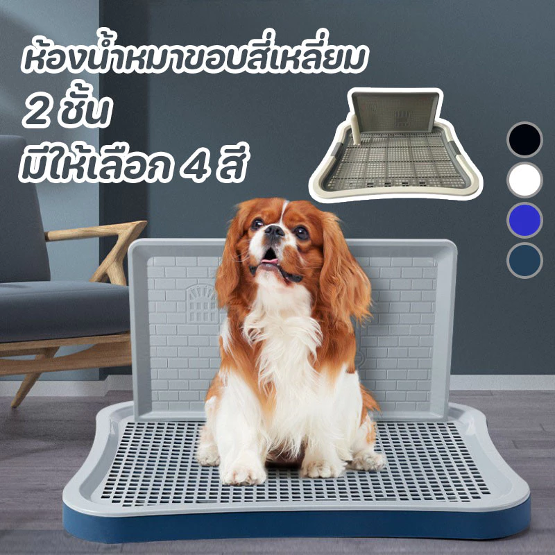ห้องน้ำหมาขอบสี่เหลี่ยม 2 ชั้น ห้องน้ำสุนัข ถาดฉี่สุนัข ถาดรองฉี่หมา มีเสาถอดได้ มีตะแกรงรองถาด ขอบสูงกันกระเด็น