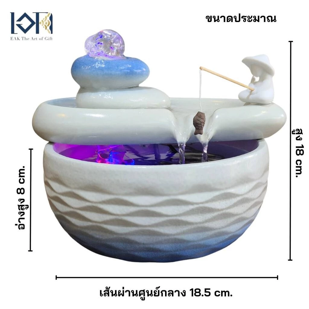 น้ำพุน้ำล้นตั้งโต๊ะ รุ่นคนตกปลาในบ่อเหมือนตกเงินตกทองสีขาวคราม น้ำล้นแต่งบ้านเสริมฮวงจุ้ย น้ำพุโมเดิร์น น้ำล้น — ของมงคลหมวดบ้านและฮวงจุ้ย