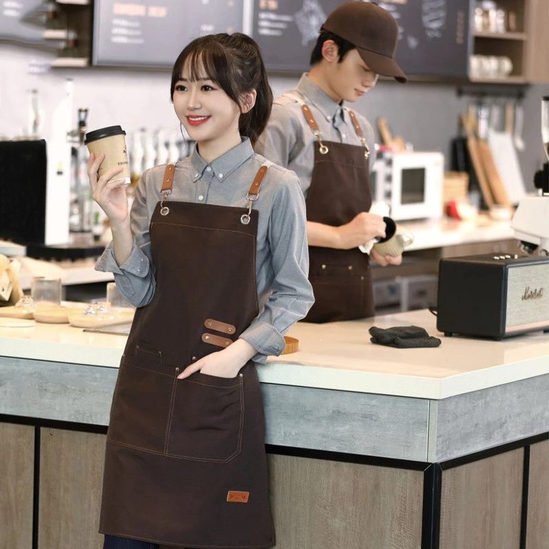 【คุณภาพสูง】ผ้ากันเปื้อนยีนส์ ผ้ากันเปื้อนทำอาหาร Denim Kitchen Apron ร้านกาแฟ