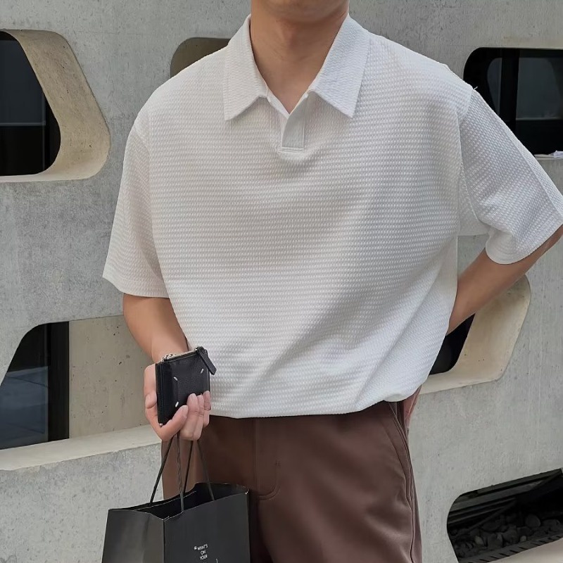 เสื้อโปโลแขนสั้น ผ้าเรยอน ลายวาฟเฟิล แฟชั่นสไตล์เกาหลี สําหรับผู้ชาย