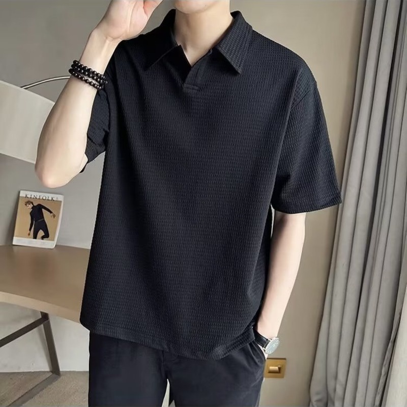 เสื้อโปโลแขนสั้น ผ้าเรยอน ลายวาฟเฟิล แฟชั่นสไตล์เกาหลี สําหรับผู้ชาย