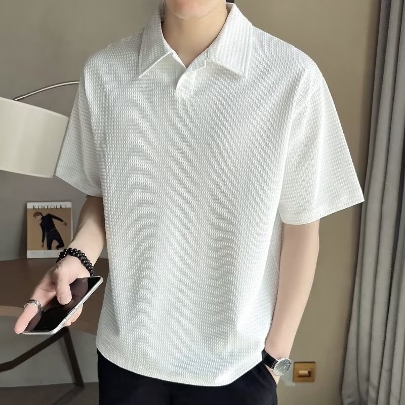 เสื้อโปโลแขนสั้น ผ้าเรยอน ลายวาฟเฟิล แฟชั่นสไตล์เกาหลี สําหรับผู้ชาย