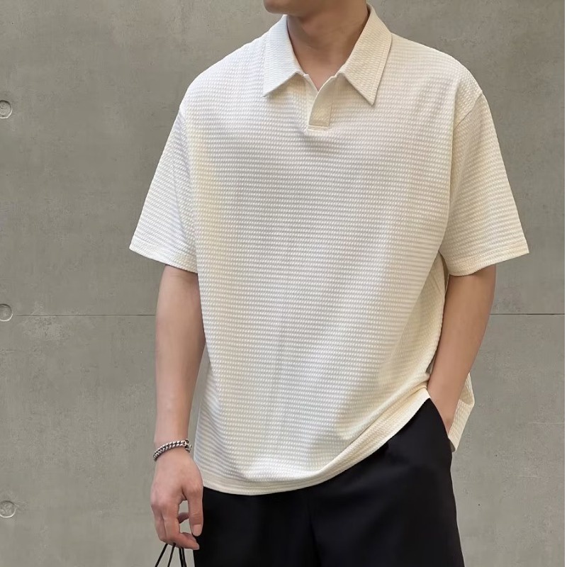 เสื้อโปโลแขนสั้น ผ้าเรยอน ลายวาฟเฟิล แฟชั่นสไตล์เกาหลี สําหรับผู้ชาย