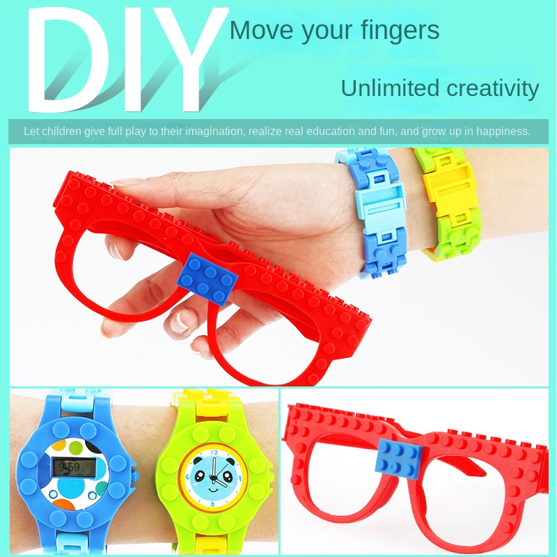 แว่นตา DIY สร้างสรรค์  บล็อกตัวต่ออนุภาคขนาดเล็ก และของเล่นแปลก  ของตกแต่งแว่นตาปาร์ตี้  นาฬิกาอิเล็กทรอนิกส์ ลายการ์ตูน สําหรับเด็ก  ของเล่นประกอบเพื่อการศึกษา