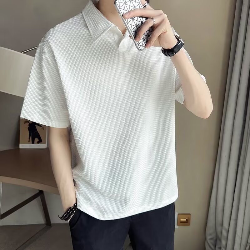 เสื้อโปโลแขนสั้น ผ้าเรยอน ลายวาฟเฟิล แฟชั่นสไตล์เกาหลี สําหรับผู้ชาย