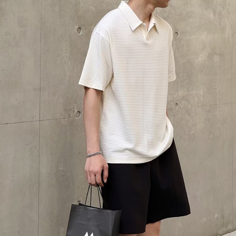 เสื้อโปโลแขนสั้น ผ้าเรยอน ลายวาฟเฟิล แฟชั่นสไตล์เกาหลี สําหรับผู้ชาย