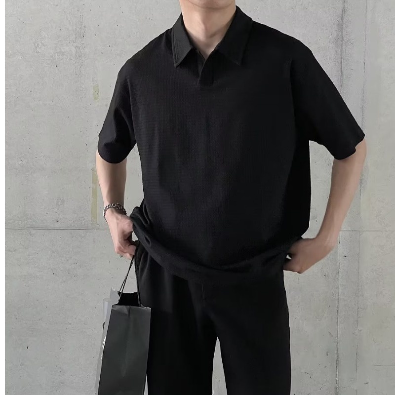 เสื้อโปโลแขนสั้น ผ้าเรยอน ลายวาฟเฟิล แฟชั่นสไตล์เกาหลี สําหรับผู้ชาย