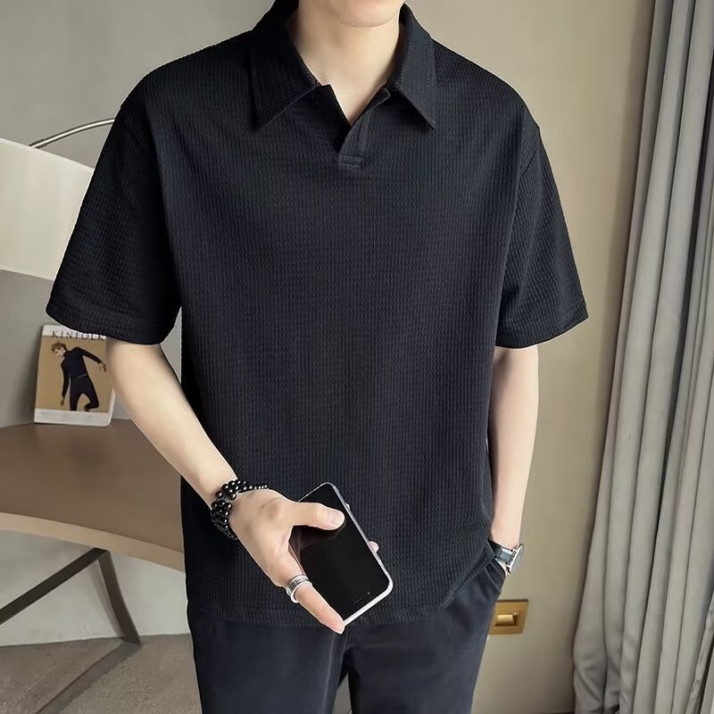 เสื้อโปโลแขนสั้น ผ้าเรยอน ลายวาฟเฟิล แฟชั่นสไตล์เกาหลี สําหรับผู้ชาย