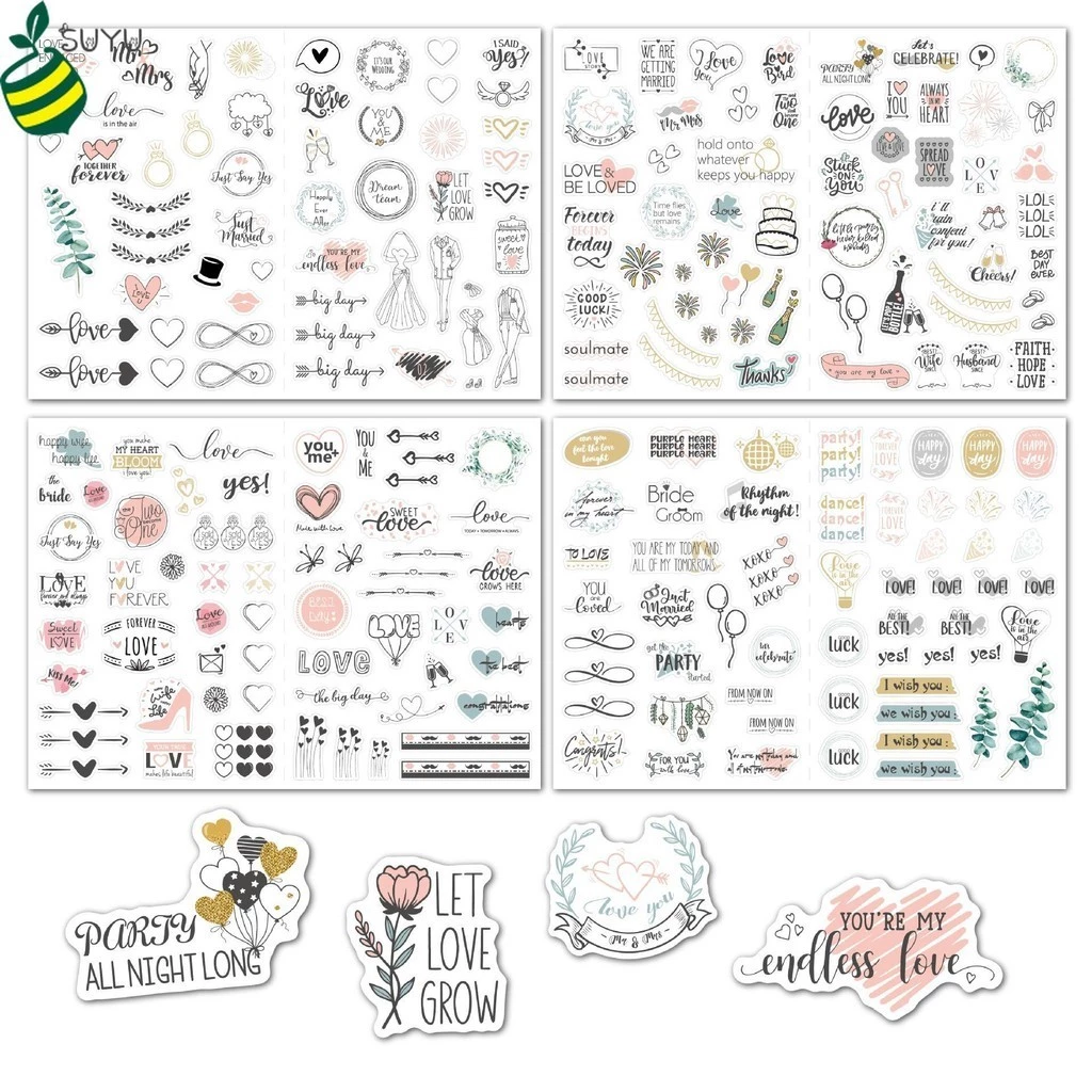 230ชิ้น/4แผ่นแต่งงานสติ๊กเกอร์ชุดแต่งงานสมุดวางแผนสติกเกอร์สําหรับหมั้น,โทรศัพท์พรรค,วันวาเลนไทน์ห่อของขวัญ — ของมงคลหมวดฤกษ์และวันมงคล