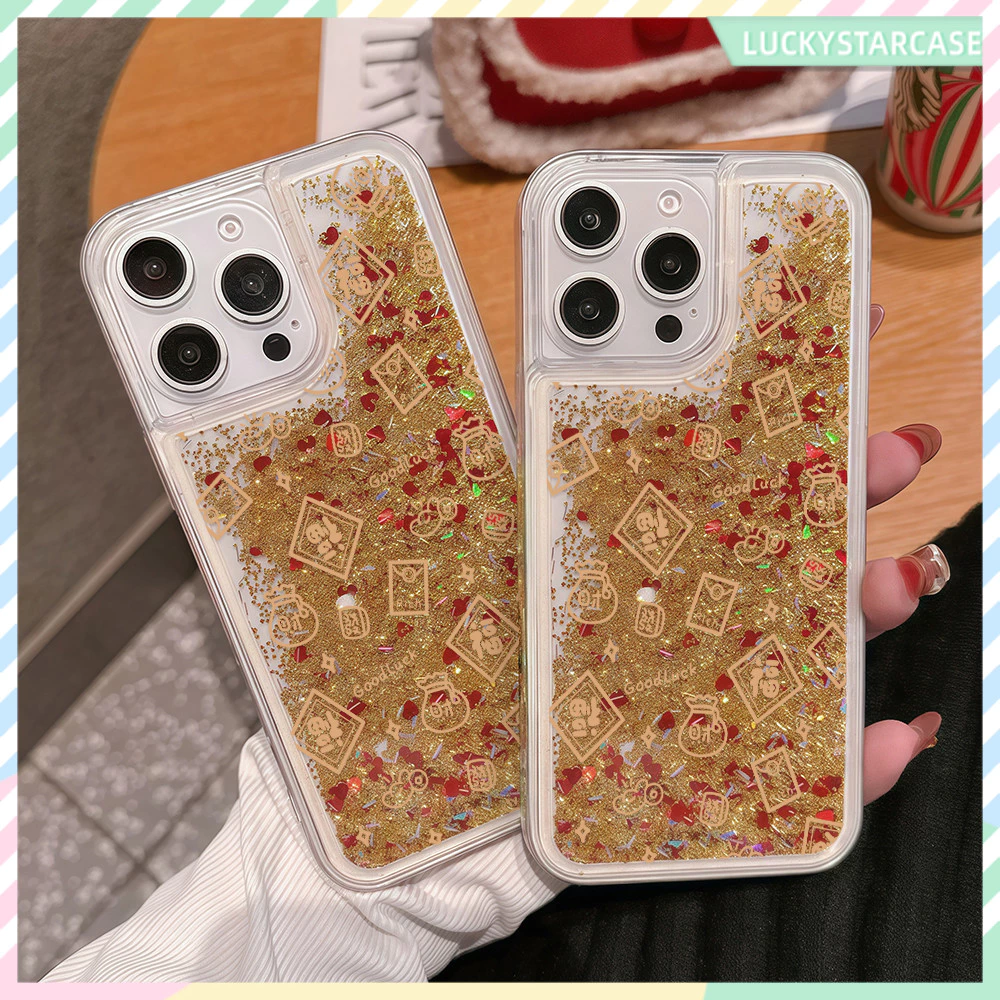 เคสไอโฟน13 หรูหราและมงคลของขวัญทรายดูดฟอยล์สีทองเคสโทรศัพท์มือถือสําหรับ ไอโฟน16 15 14 13 12 11Pro Max X XS XR 7 8P เคส — ของมงคลหมวดสีมงคล