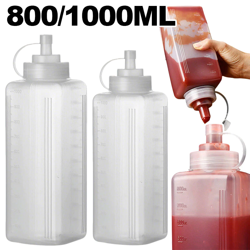 ขวดใส่เครื่องปรุงบีบลํากล้องขนาดใหญ่ 800 มล./1000 มล. พร้อมฝาปิด - ขวดบีบในครัว - เครื่องจ่ายเครื่องปรุงรสพลาสติก - เกรดอาหาร ป้องกันการรั่ว