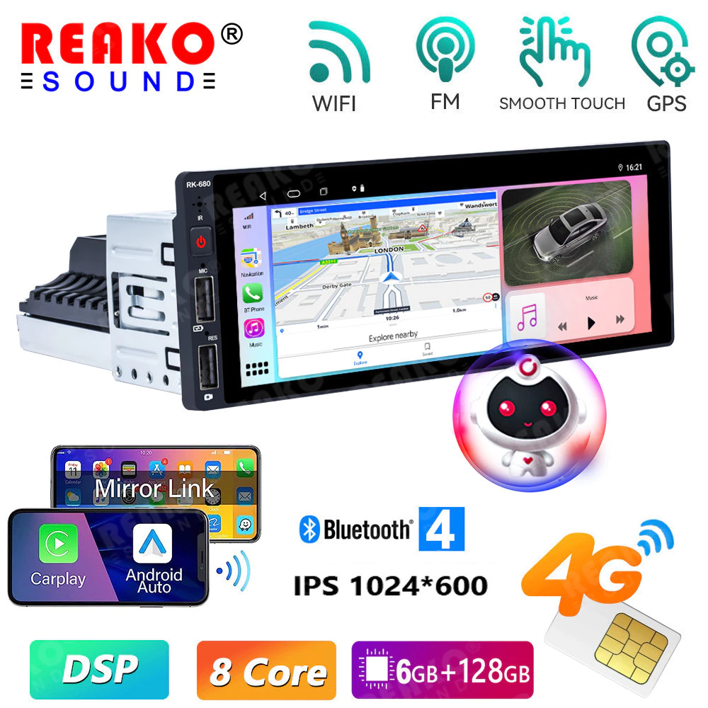 REAKOAUTO Universal 1 Din 4G วิทยุอัตโนมัติ Android เครื่องเล่นมัลติมีเดีย 6.9 นิ้วหน้าจอสัมผัส 1 Din รถสเตอริโอวิดีโอ GPS Navigation