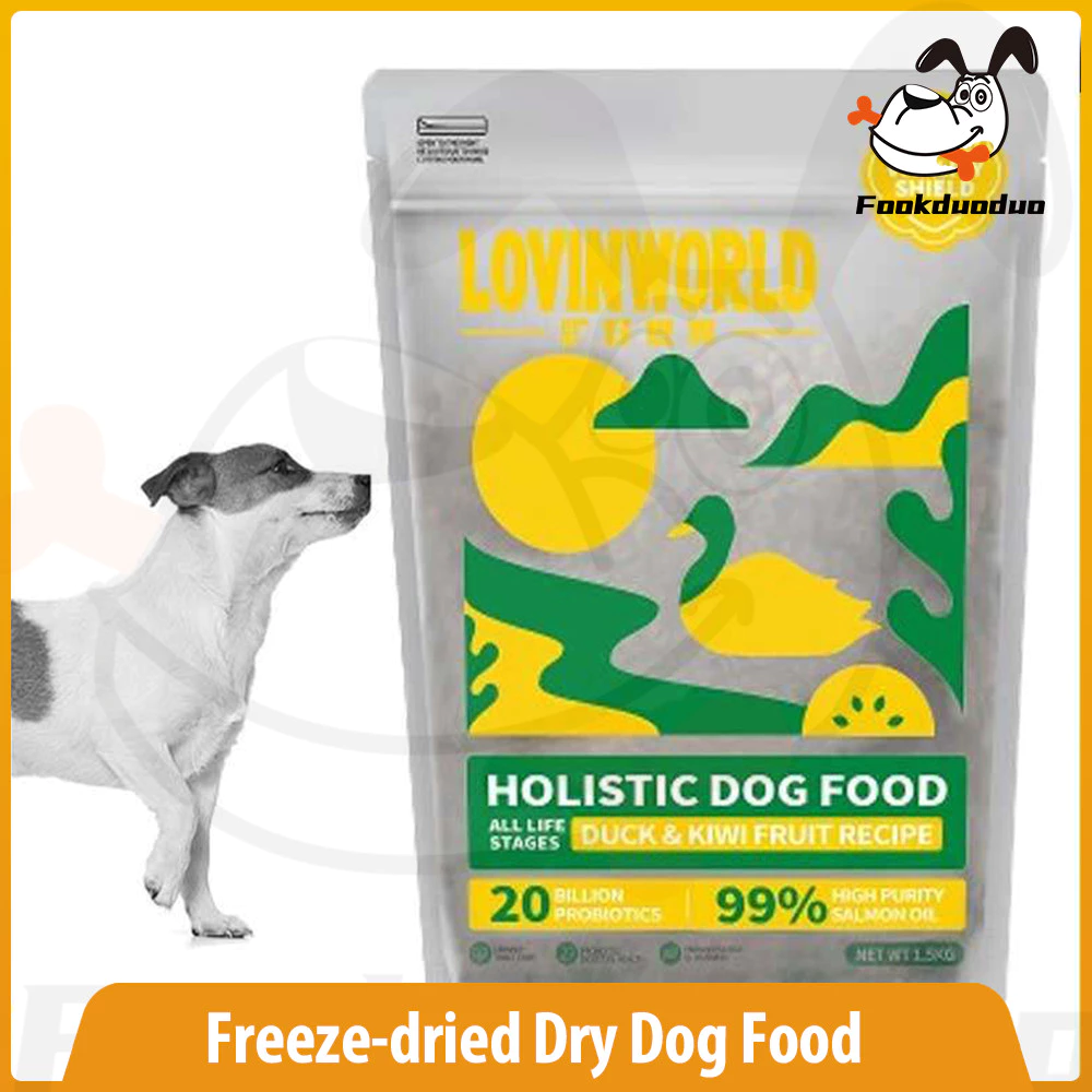 Fookduo Lovinworld Full Frice Freeze-dried Double Dog Food Duck และ Kiwi Flavour Gastrointestinal Care Dietary Dog อาหาร 1.5กก. ชามอุปกรณ์