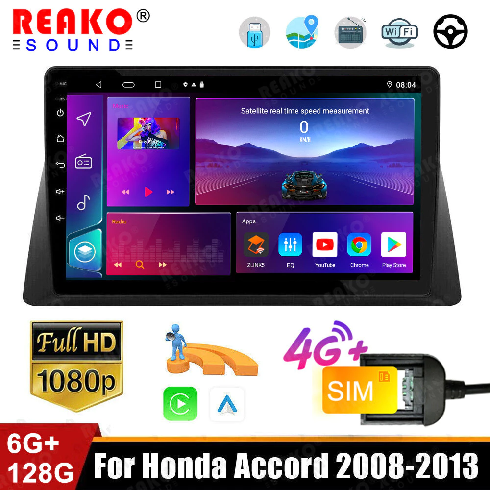 REAKOAUTO 2 DIN Android 12 รถวิทยุสําหรับHonda Accord 8 2008-2013 DSPนําทางGPS Carplayเครื่องเล่นมัลติมีเดียAndroid Auto