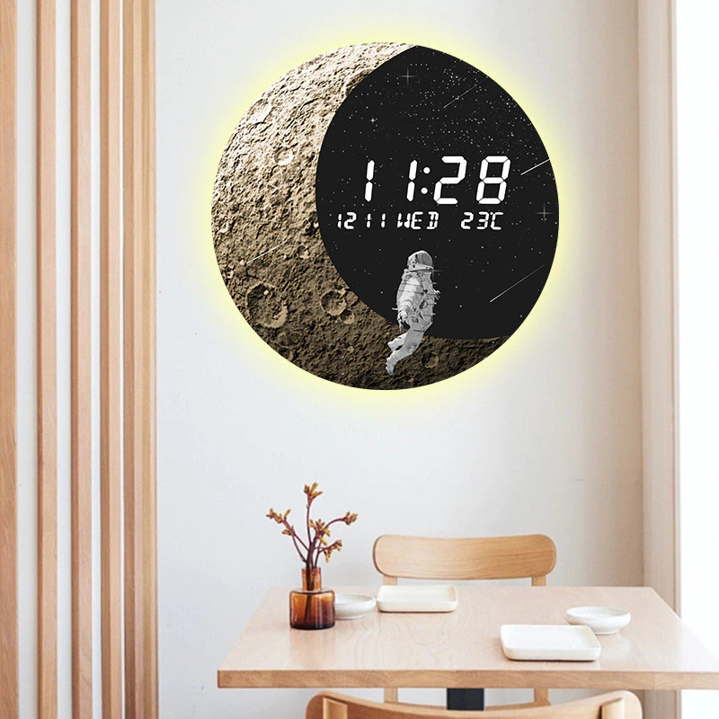 Moon Wall นาฬิกาห้องนั่งเล่นนาฬิกาอิเล็กทรอนิกส์ติดผนัง Planet LED Power Plug-In นาฬิกาสไตล์ดวงจันทร์นาฬิกาอิเล็กทรอนิกส์สมาร์ทนาฬิกาตกแต่งห้องนั่งเล่นห้องนอน Creative นาฬิกา Sci-Fi นาฬิกาแขวนนาฬิกา Sci — ของมงคลหมวดบ้านและฮวงจุ้ย