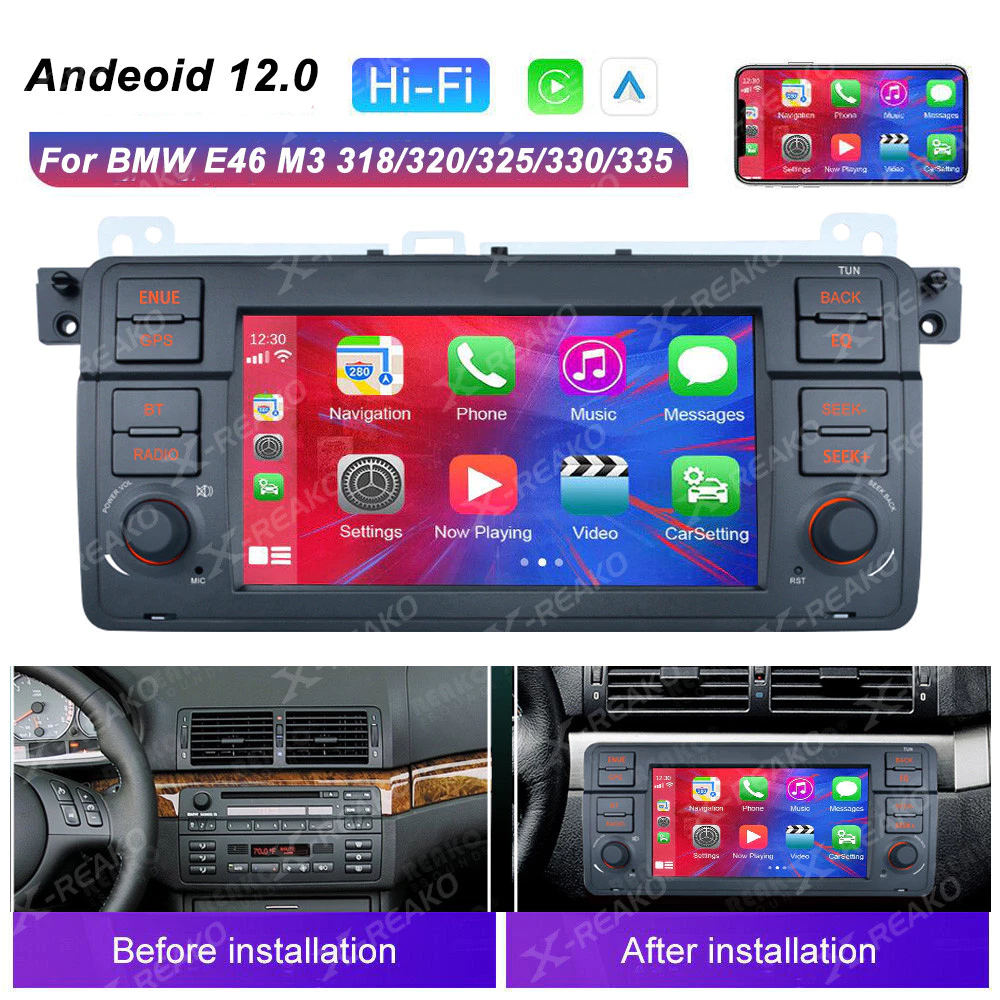 REAKO Android 12 ลําโพงบลูทูธอัตโนมัติ GPS Navigation Carplay เครื่องเล่นวิดีโอรถยนต์สําหรับ Bmw 3 Series E46 รถวิทยุสเตอริโอ