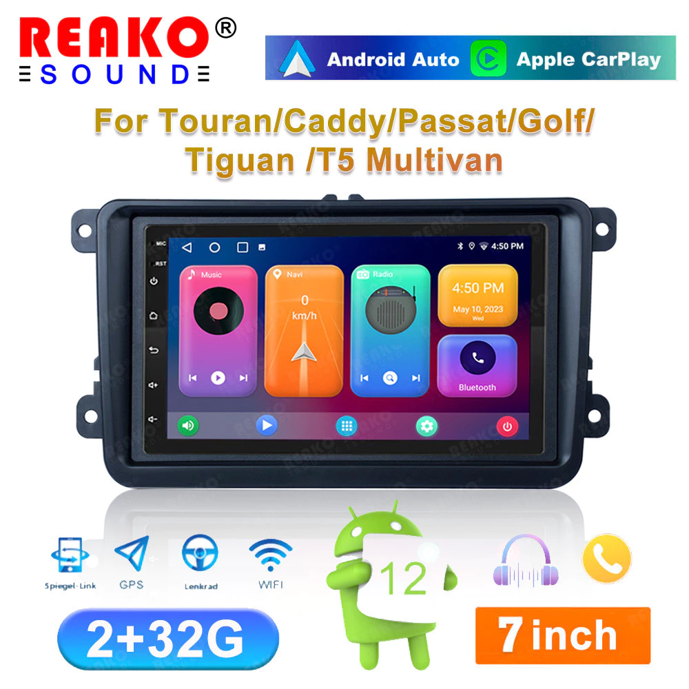 REAKOSOUND 2+32G Android 2 Din 7 นิ้ว BT WiFi GPS รถวิทยุสําหรับ Touran/Caddy/Passat/กอล์ฟ/Tiguan /T5 Multivan เครื่องเล่นมัลติมีเดีย