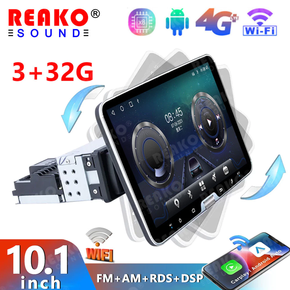 REAKOAUTO 1din 10 นิ้ว 3+32G รถวิทยุเครื่องเล่นมัลติมีเดียสเตอริโอรถหน้าจอสัมผัส MirrorLink 1 Din GPS DSP + RDS 4G 8CORE Android
