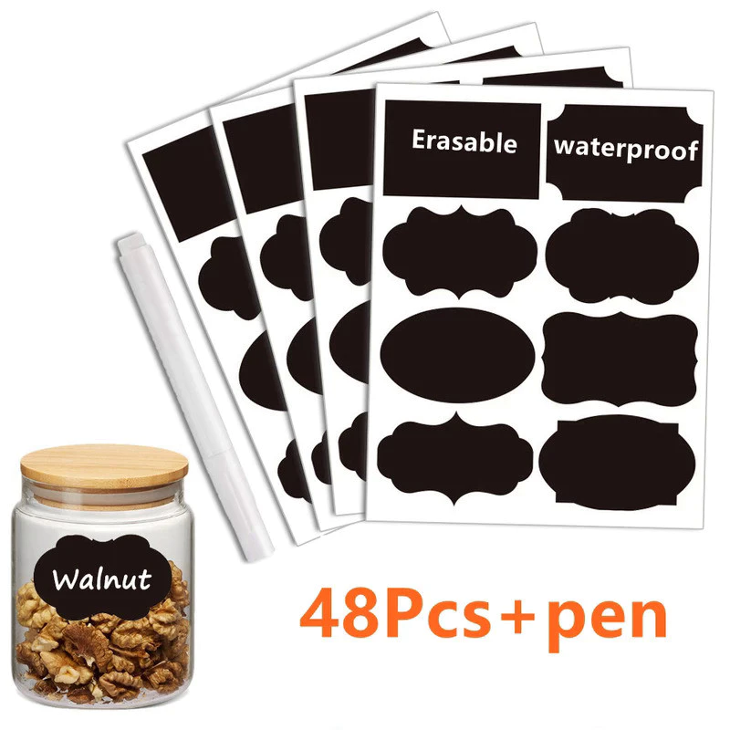 48pcs Removable Blackboard Sticker for Spice Jar Kitchen Jars Bottles Label Sticker with Erasable Marker Kitchen organiz