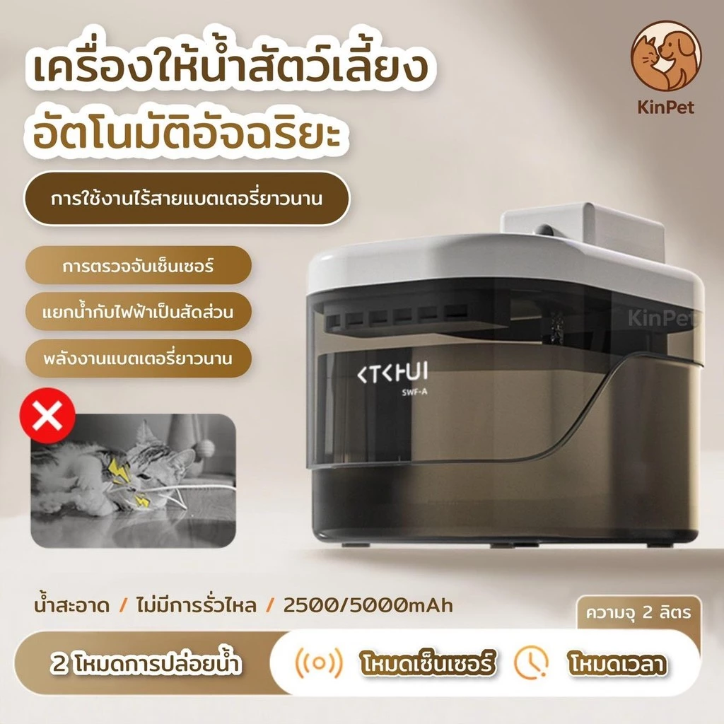 [รับประกัน 2ปี] น้ำพุแมวไร้สายอัตโนมัติ ระบบเซนเซอร์ ระบบน้ำไหลเงียบ น้ำพุแมวไร้