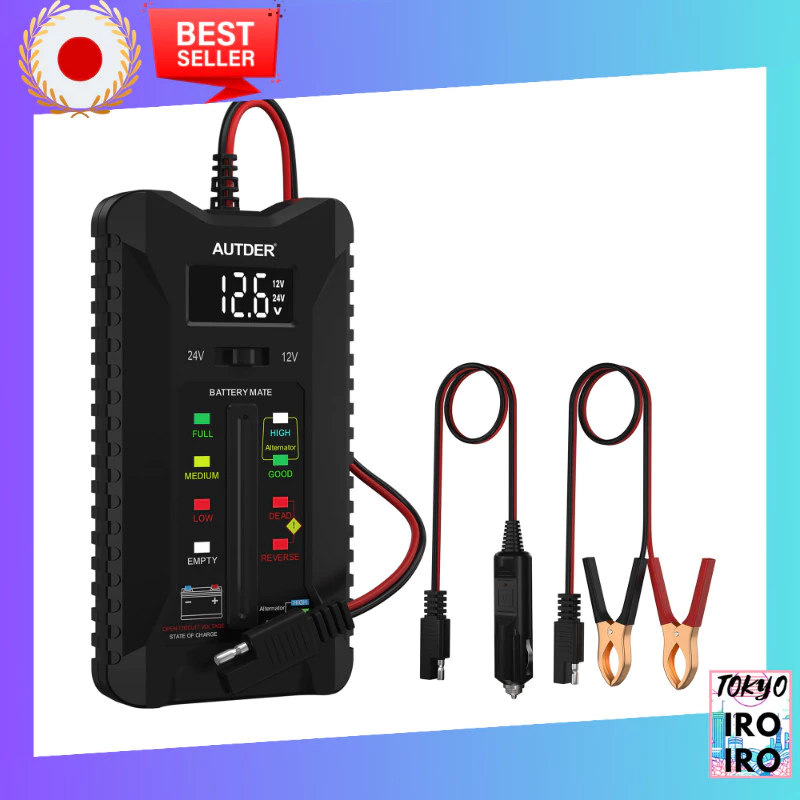 AUTDER เครื่องทดสอบแบตเตอรี่ดิจิตอล วัดแรงดันไฟฟ้า 12V/24V สำหรับแบตเตอรี่รถยนต์และมอเตอร์ไซค์ เครื่องวิเคราะห์ระบบชาร์จอัลเทอร์เนเตอร์ พร้อมหน้าจอ LCD และไฟ LED แสดงสถานะ มี 2 โหมด[Japan Quality]