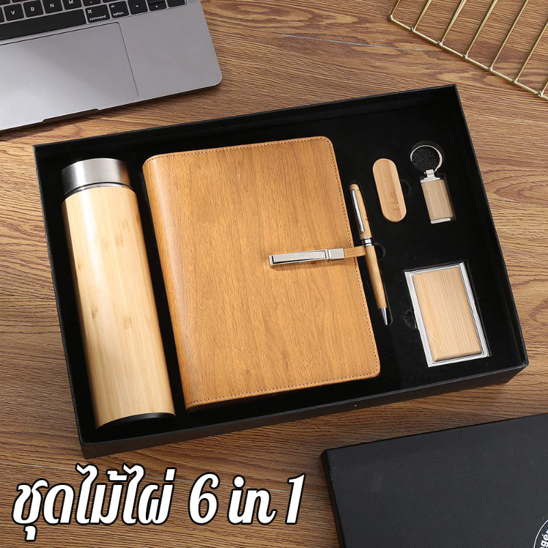 ของขวัญให้ผู้ใหญ่6 in 1 รักษ์โลกการให้ของขวัญ กระบอกไม้ไผ่จริง ชุดแก้วเก็บความร้อนไม้ไผ่ ชุดของขวัญสมุดโน้ตไม้ไผ่ — ของมงคลหมวดไลฟ์สไตล์และของขวัญ
