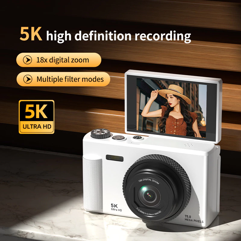 5K Ultra HD Vintage CCD กล้อง 75MP 18X ซูมดิจิตอลหน้าจอพลิกความงามกรอง Anti-Shake Vlog กล้องสําหรับนักเรียนการถ่ายภาพ