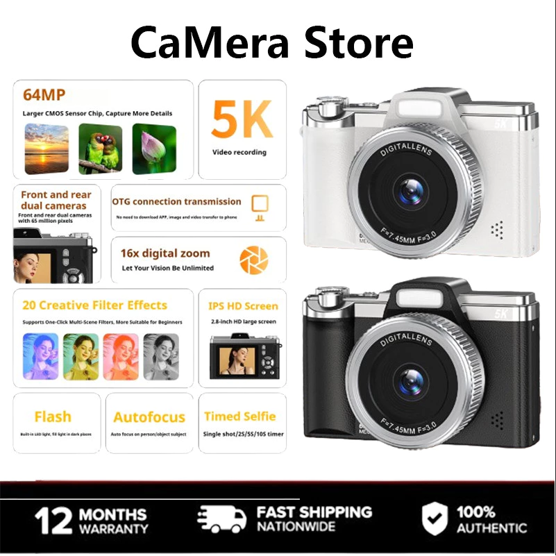 CaMera Store A1 6400W กล้องดิจิตอลความละเอียดสูง Pixel CCD กล้อง 4K กล้องคู่ Selfie Retro Travel แบบพกพา Micro เดี่ยว