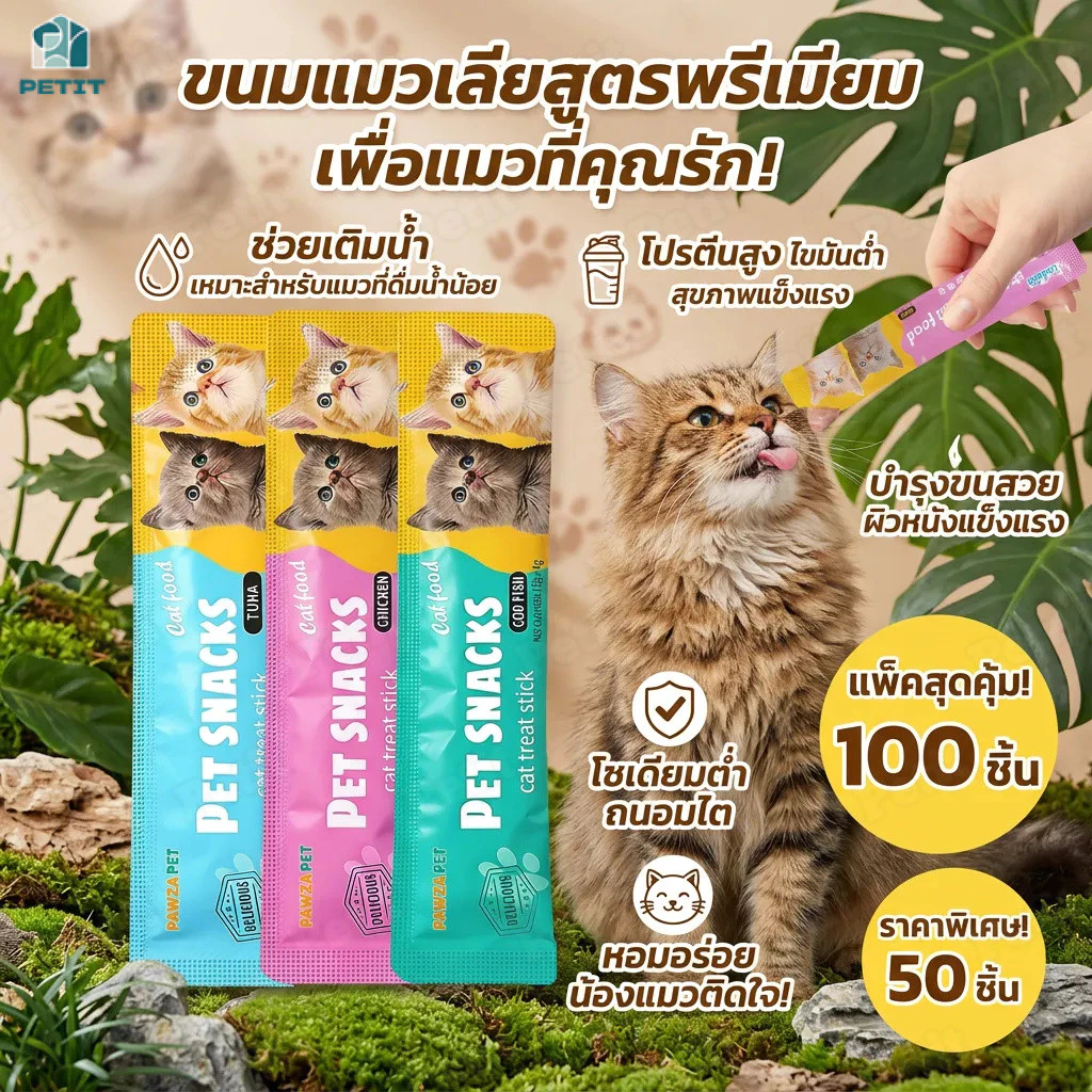 ขนมแมว 50/100ชิ้น 3รส ขนมแมวเลีย แถบแมว cat snacks โซเดียมต่ำ สไก่/รสปลาคอด/รสทูน่า กินได้ทั้งแมวโตและลูกแมว อาหารเป
