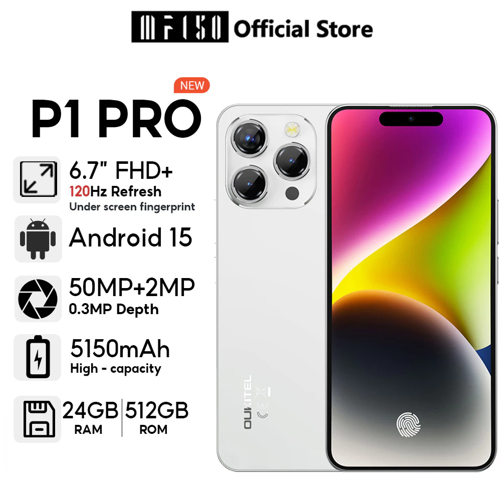 OUKITEL P1 PRO 24GB + 512GB 6.72 "FHD + พร้อมหน้าจอลายนิ้วมือในจอแสดงผล 120Hz โทรศัพท์มือถือ 5150mAh Dynamic Island 50MP + 0.3MP กล้อง NFC OTG โทรศัพท์มือถือ