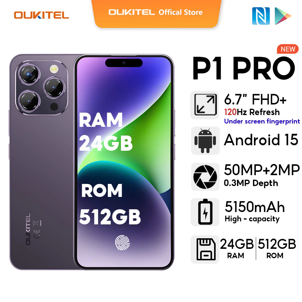 OUKITEL P1 PRO 24GB + 512GB พร้อมหน้าจอลายนิ้วมือในจอแสดงผล 6.72 "FHD + 120Hz จอแสดงผล Handphone 5150mAh Dynamic Island 50MP + 0.3MP กล้อง NFC OTG โทรศัพท์มือถือ