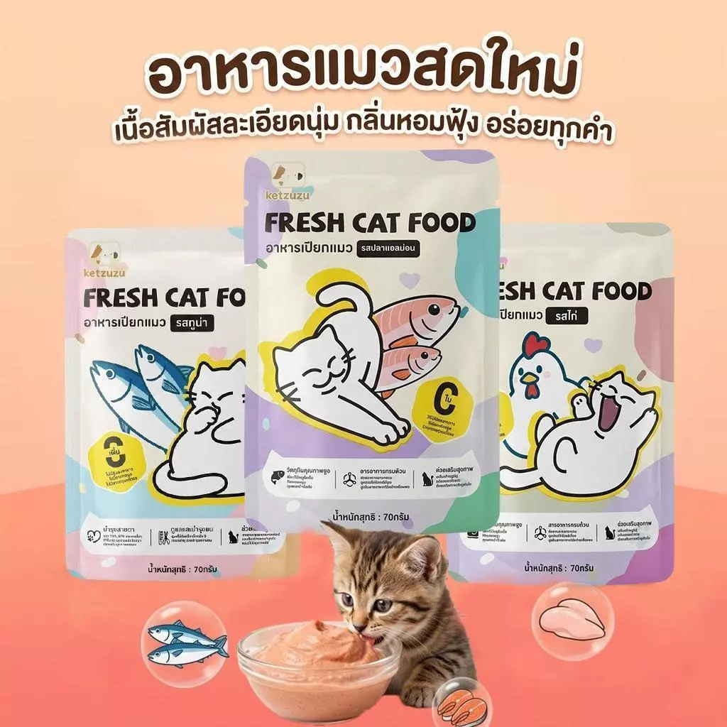 【Ketzuzu】70G อาหารเปียกแมว สุขภาพดี เนื้อสัตว์แท้ เกรนฟรี ไม่ใส่วัตถุกันเสีย กิน