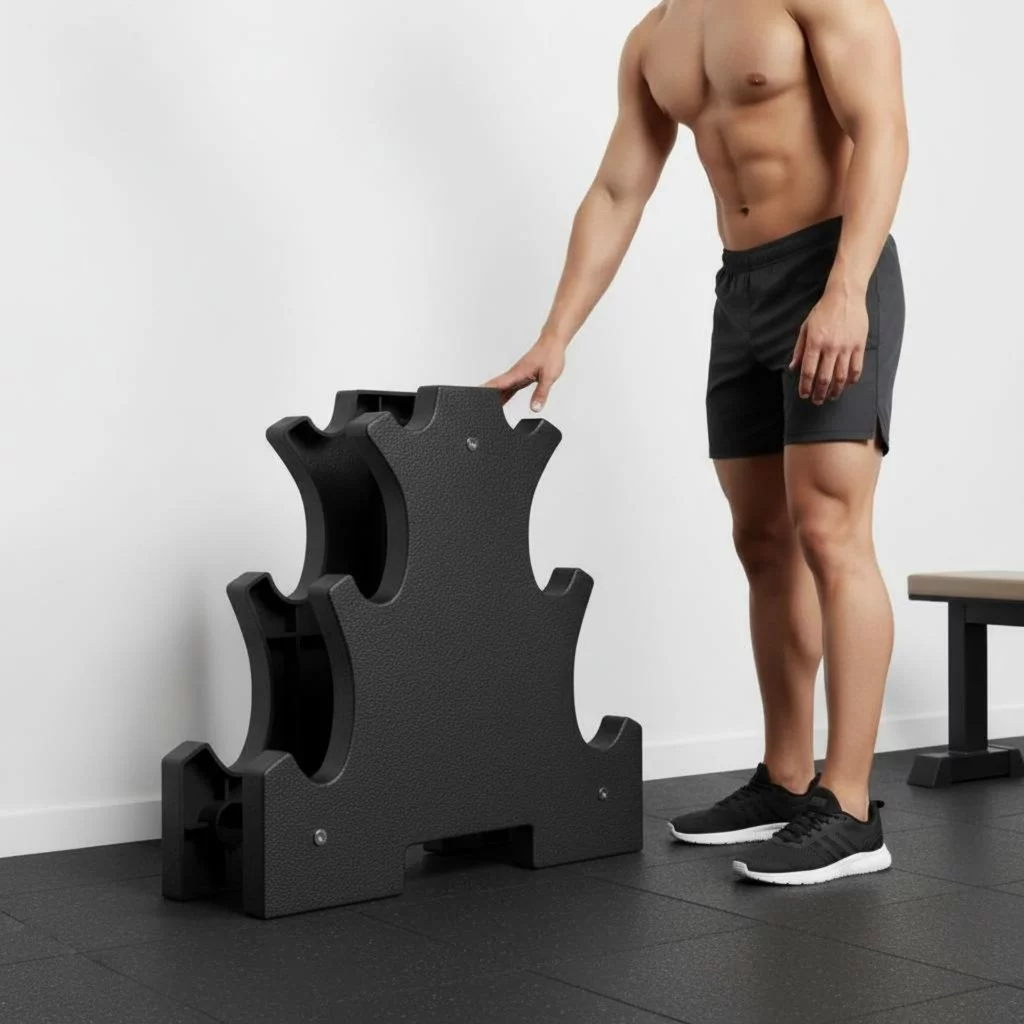Heavy Duty Hex Dumbbell Storage Stand ประหยัดพื้นที่ 3 ชั้น Dumbbell Rack Anti-Slip ยางฟุตสําหรับยิม